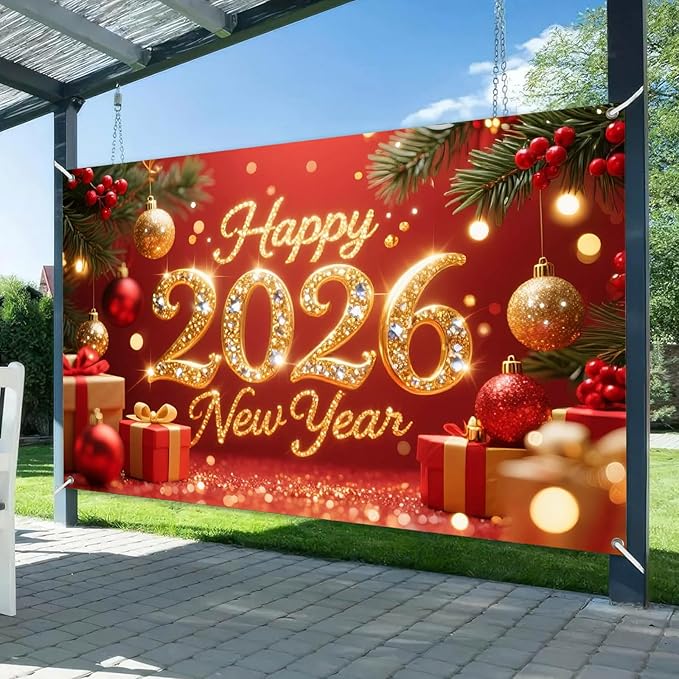 2026 Happy New Year Banner 71x43 Inch Red Gold Christmas Ball Holiday Party Wall Decoration Glitter Photo Backdrop for Indoor Countdown Celebration Home Event and Festive Background Display