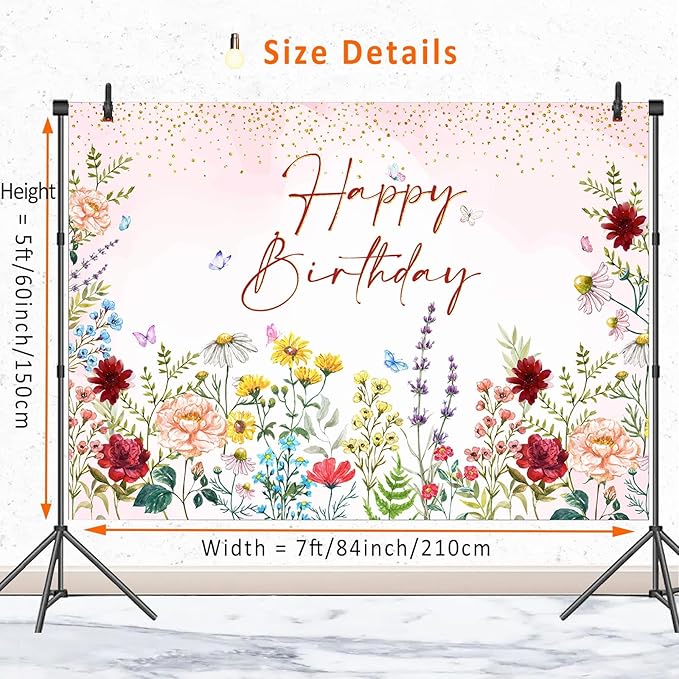Wildflower Happy Birthday Backdrop Banner Girls Floral Birthday Decorations,Spring Watercolor Wild Flower Bday Background Women Girls Wildflower Themed 1st Birthday Party Decor Photo Booth Props 7x5ft