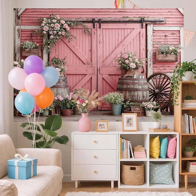 20x10ft Country Wedding Pink Photography Backdrop Rustic Wooden Door Photography Backdrop Farmhouse Flower Western Girl Birthday Baby Shower Wedding Bridal Party Banner Photo Booth Props Background