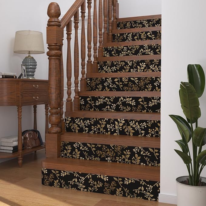 Dark Floral Peel and Stick Wallpaper, Vintage Gold Leaf Self-Adhesive Contact Paper for Bedroom Stair Shelves Drawer, Modern Black Yellow Gold Vinyl Removable Wallpapers 17.5In x 9.8Ft