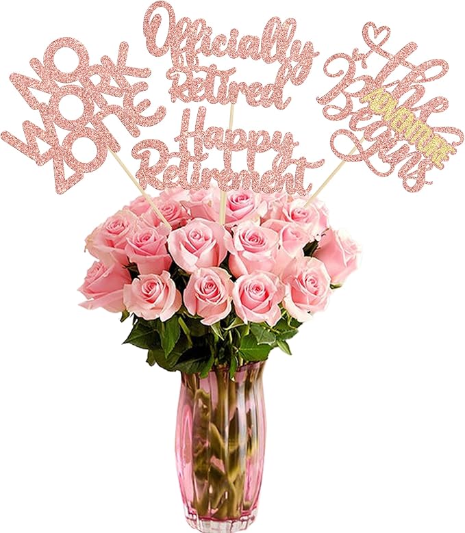 Ephlyn 16Pcs Happy Retirement Centerpiece Sticks Officially Retired Table Flower Centerpieces Sticks No Work Zone Floral Decorations for Farewell Birthday Party Centerpieces Supplies Rose Gold