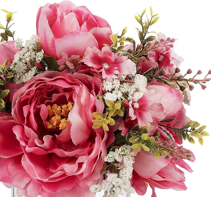 ENOVA FLORAL Artificial Silk Flower Arrangement with Vase,Mixed Artificial Silk Peony Flower in Vase for Decoration Home Office, Wedding Centerpiece (Fushia)