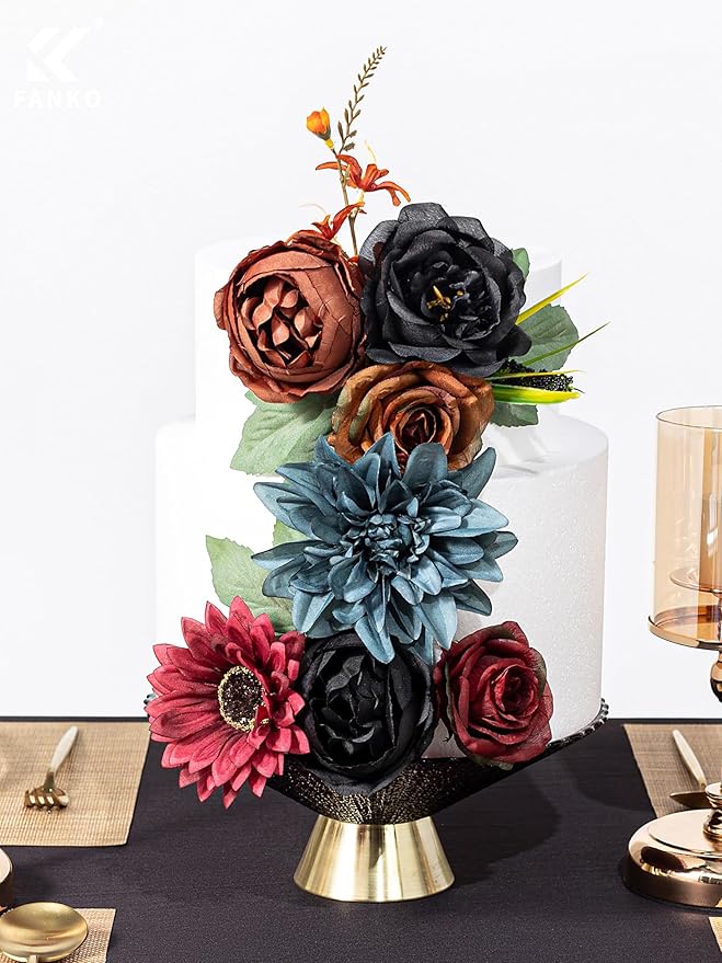 FANKO Artificial Flowers Black Rose: Mixed Fake Silk Flowers Combo Brown Rose Dusty Blue Dahlia Burgundy Sunflower Vintage for DIY Wedding Bridal Bouquets/Centerpieces/Home Decor
