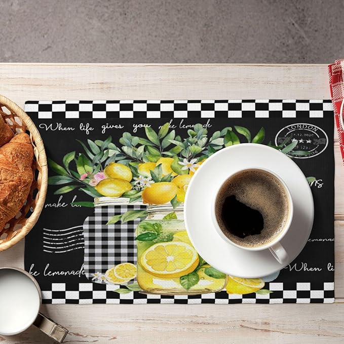 Lemon Fruit Placemats, Watercolour Lattice Black Minimalist Fruit Lemon Flower Plant Print Washable Fabric Placemats Table Kitchen Dining Party 12x18 Inch Set of 4