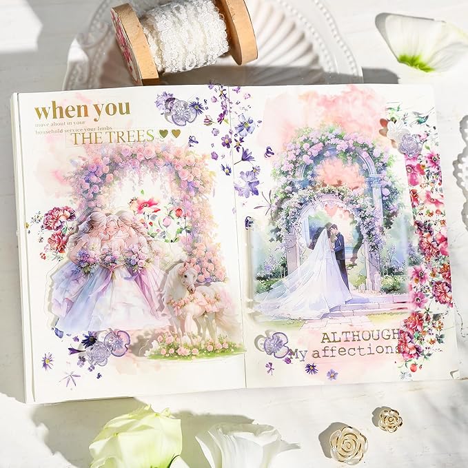 TIAMECH Wedding March PET Stickers - 60 Pcs Bride Dress Groom Love Design, Waterproof Sticker for Journaling & Scrapbooking, Junk Journal Supplies, Ephemera & DIY Crafts