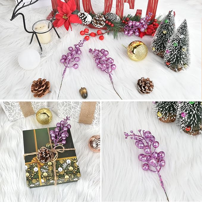 Lvydec 16pcs Christmas Glitter Berry Stems Clearance, 7.8" Artificial Christmas Picks for Christmas Tree Ornaments, DIY Xmas Wreath, Crafts, Holiday and Home Decor (Light Purple)