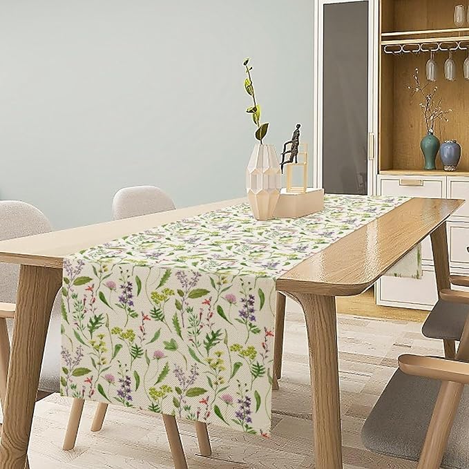 Wildflower Table Runner, Watercolor Green Botanical Flowers Vintage Bohemian Design Table Runner for Kitchen Dining Home Party Home Decor , 13x36 Inch