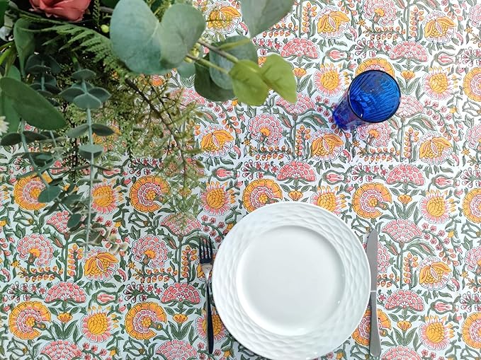 ATOSII Clover Yellow 100% Cotton Rectangle Fall Tablecloth, Handblock Floral Print Linen Table Cloth for Kitchen Dining I Parties, Weddings, Outdoors, Christmas, Thanksgiving Decor 60 X 90 Inches