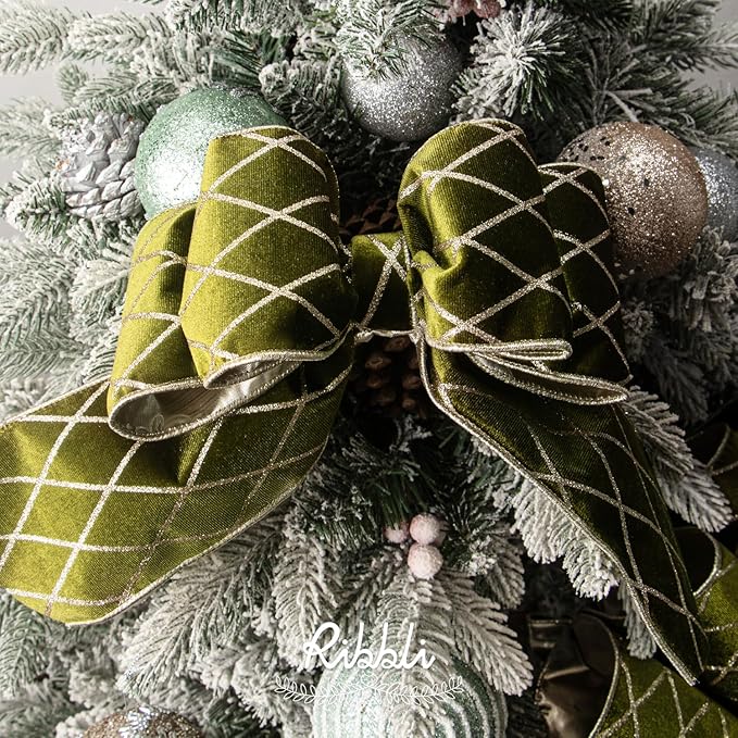 Ribbli Moss Green Velvet Ribbon Wired with Glitter Diamond Grid 4 Inch Christmas Ribbon for Christmas Tree Decoration Big Bow Gift Wrapping Crafts Wreaths Garland Supplies - 10 Yards
