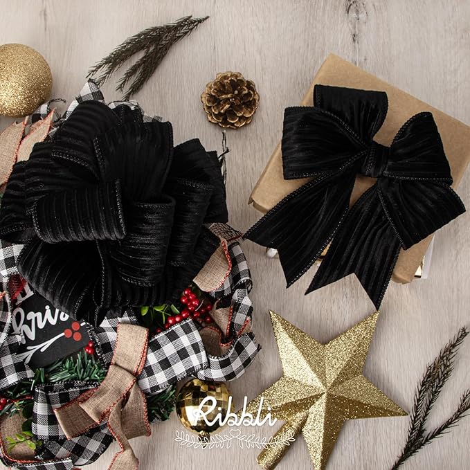 Ribbli Glossy Black Velvet Wired Ribbon 2.5 Inch Striped Velvet Christmas Ribbon for Gift Wrapping Christmas Tree Decoration Crafts Wreaths Supplies-Continuous 10 Yards