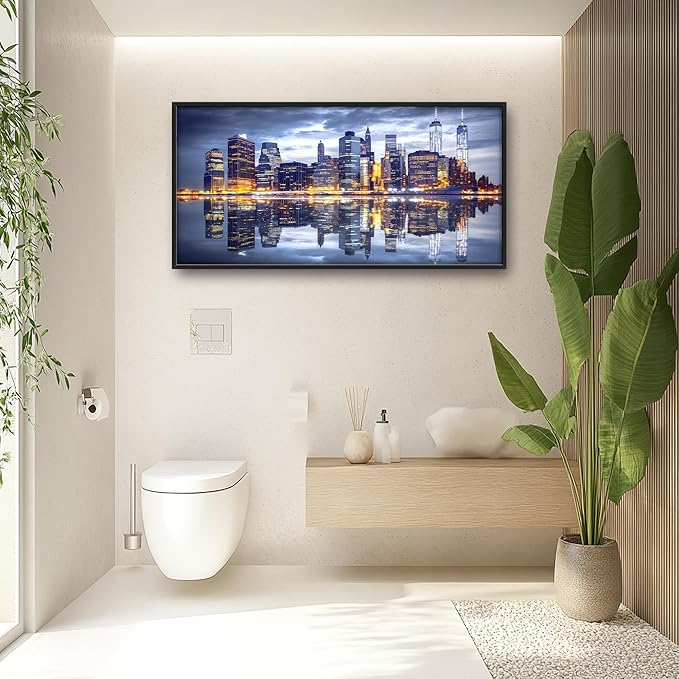 New York City Large Wall Art Framed Wall Decor for Living Room, Manhattan Skyline at Night Pictures Oversized Canvas Print Painting Modern Extra Large Framed Artwork for Bedroom Office 60"x30"