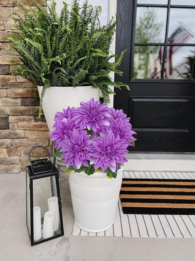 Hollyone Purple Artificial Dahlia Flowers Bush 7 Heads Silk 15.7" Fake Dahlias Flowers Wedding Bouquets Faux Dahlia Flowers Floral Arrangements for Outdoor Indoor Party Table Centerpieces Home Decor