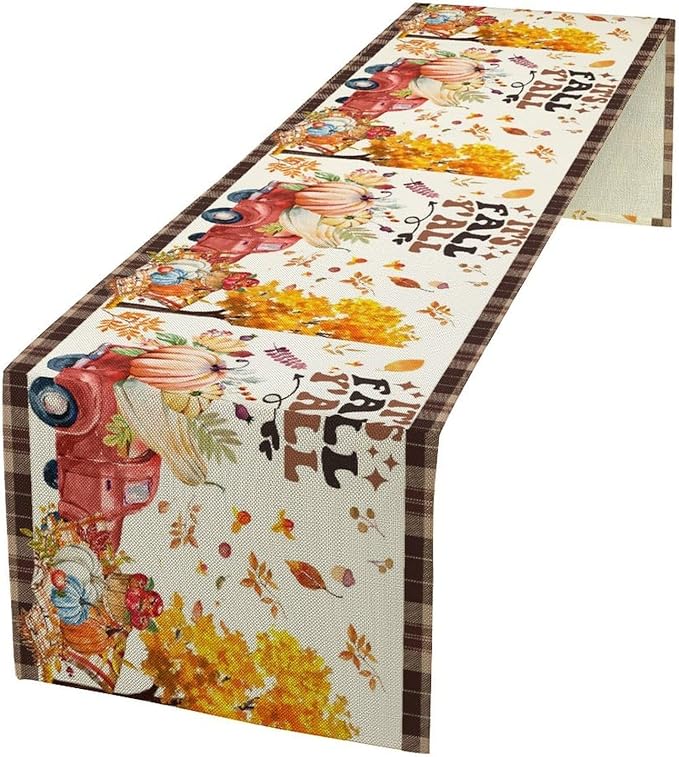 Fall Pumpkin Table Runner,Rustic Maple Yellow Leaf Trees Truncks Brown Plaid Tablecloth Burlap for Hotel Indoors Outdoor Dining Room Kitchen Home Decor,W13X L36 in