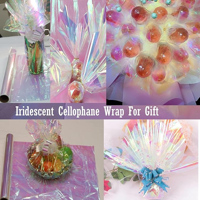 CMFYHM Iridescent Cellophane Wrap Roll I 34 In X 50 Ft I Rainbow Cellophane Roll, Rainbow Wrapping For Baskets,Gifts, Treats,Birthday Wedding Floral, Party Arts Crafts Decoration