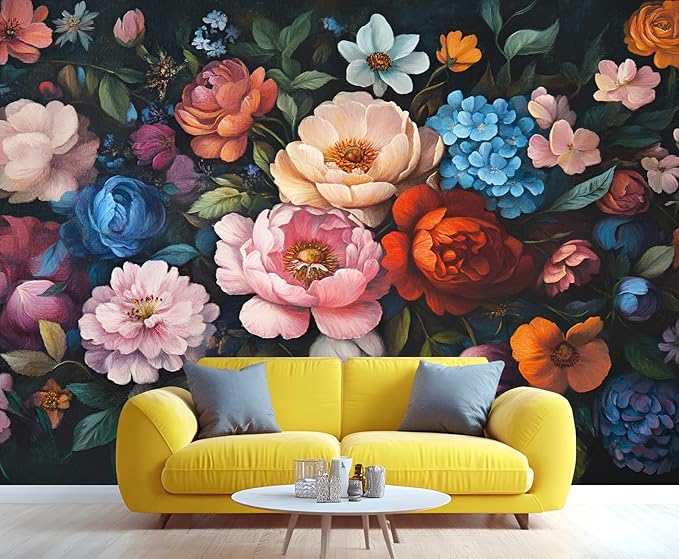 Vintage Peony Floral Wall Mural, Oil Painting Dutch Flower 3D Wall Murals, Romantic Dark Botanical Wallpaper Mural, for Living Room Bedroom Large Wallpaper Indoor Decor 169.3" W x118.2 H