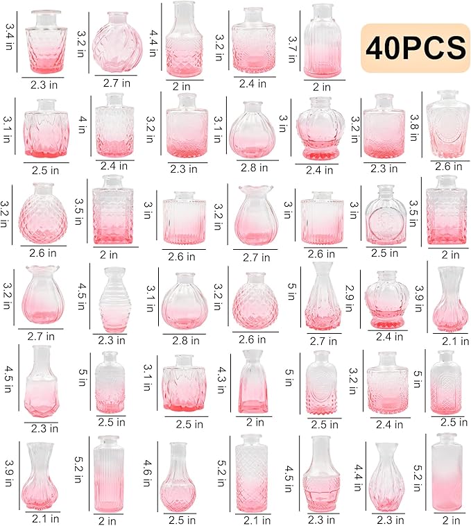40 PCS Small Glass Bud Vases Set, Mini Flower Vases for Wedding Centerpiece, Table Decoration, Party & Festival Home Decor, Bulk Vintage Miniature Vases for Floral Arrangements, Pink