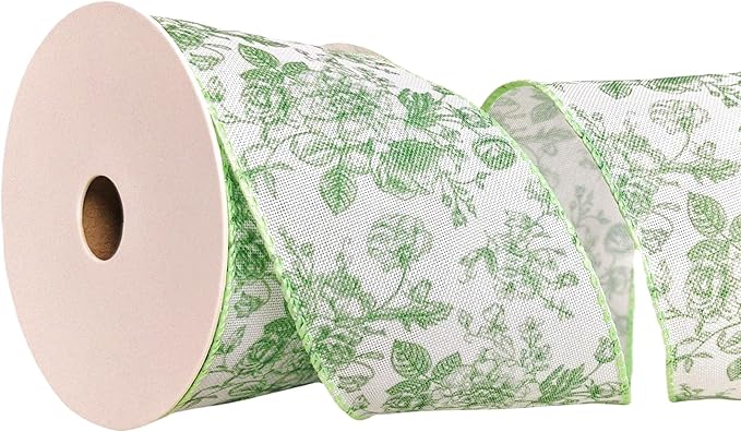 Green Floral Wired Ribbon 2.5 Inch Chinoiserie Vintage Flower Decorative Fabric White and Green Ribbon for Bow Wreath DIY Crafts, 15 Yards