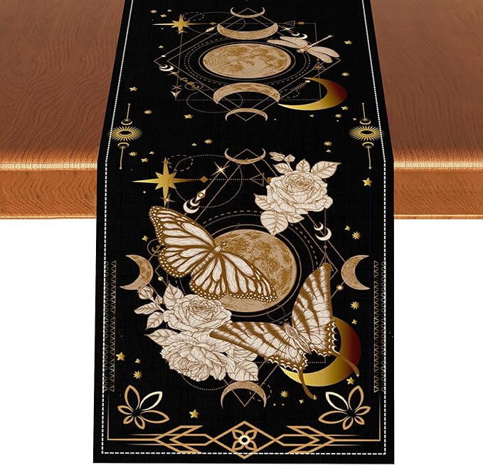 Gothic Moth Table Runner, Boho Floral Gothic Sun Moon Phase Mystical Witchy Starlight Coffee Table Center Decor for Home Kitchen Dining Patio Holiday Party Table Decorations 13x90 inches