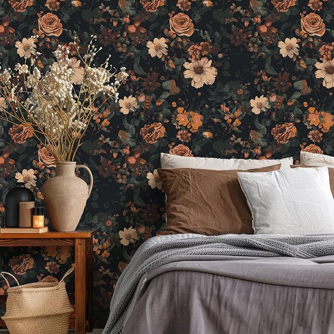 VEELIKE Vintage Floral Wallpaper Prepasted Moody Dark Floral Peel and Stick Wallpaper for Bedroom Powder Room 17.7''x354'' Removable Renter Friendly Wall Paper Flower Contact Paper for Cabinets Walls