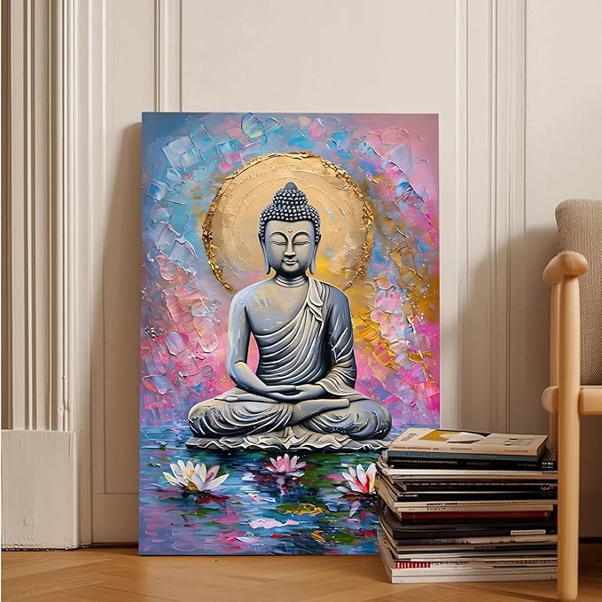 Lotus and golden Buddha meditation tranquil zen wall art mindfulness wall art for spiritual harmony and tranquility decor 16x24in Frameless