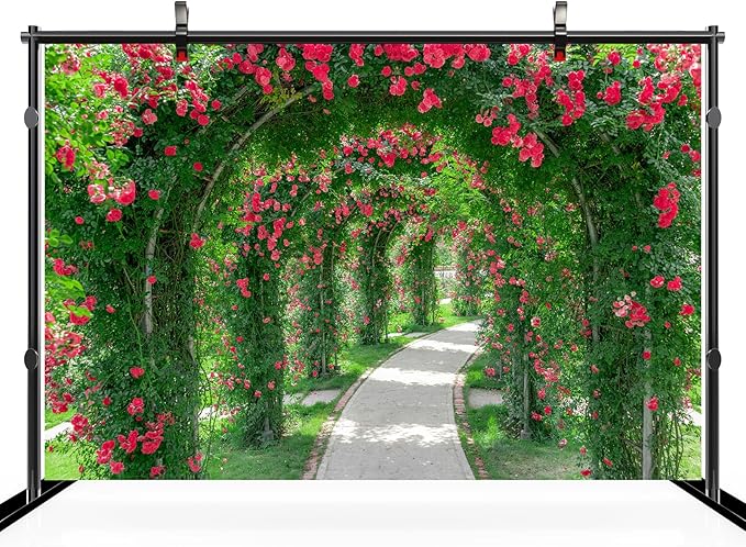 5ftx3ft Spring Flower Garden Backdrop Blossoms Flower Arch Garden Architecture Pillars Blooming Flowers Garden Path Photo Background Outdoor Wedding Portraits Photo Studio Props Wallpaper