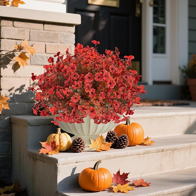 Artificial Fall Flowers Faux Mums for Outdoor Indoor Garden Home Decoration, Faux Flower Daisy with Eucalyptus Leaves Fake Mums Plants Greenery Boxwood Porch Patio, 12 Bundles