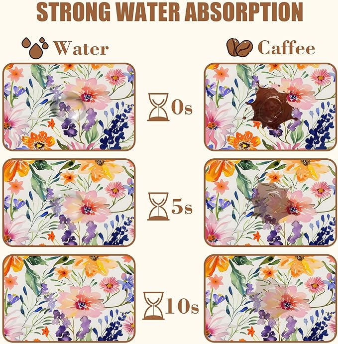 Dish Drying Mat Colorful Wildflowers Coffee Bar Mat for Countertop Rubber Backed Absorbent Hide Stain Dish Drainer Rack Pad Espresso Machine Coffee Table Dining Room Decoration 15.7 x 23.6 Inch