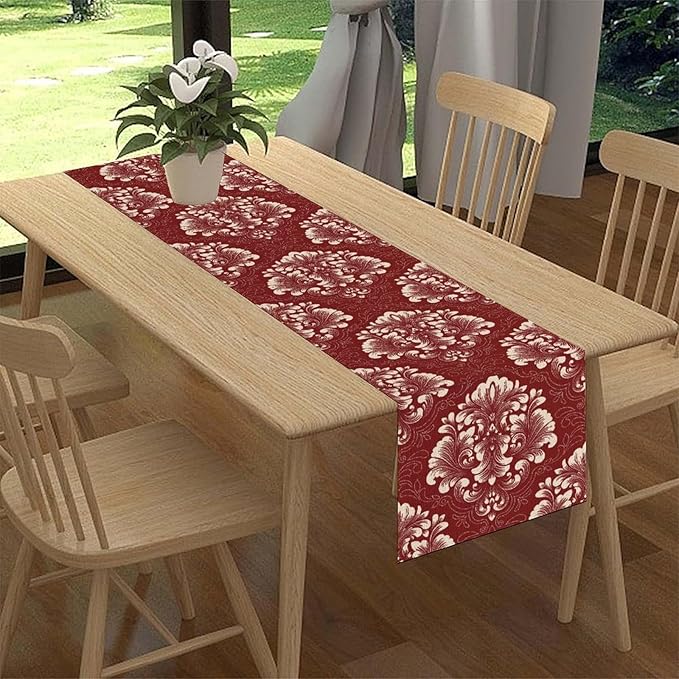 Vintage Damask Table Runner, Red Classical Luxury Old Fashioned Damask Royal Victorian Flora Print Table Center Decor for Family Kitchen Table Decorations Indoor Outdoor 13x90 inch