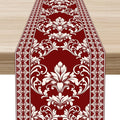 Damask Table Runner, Red Rustic Damask Antique Floral Retro Boho Art Pattern Linen Coffee Table Center Decor for Home Kitchen Dining Decorations Indoor Outdoor 13x36 inch