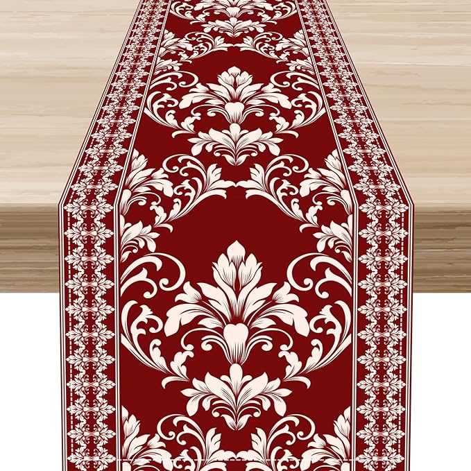 Damask Table Runner, Red Rustic Damask Antique Floral Retro Boho Art Pattern Linen Coffee Table Center Decor for Home Kitchen Dining Decorations Indoor Outdoor 13x90 inch