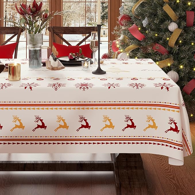 Christmas Rectangle Table Cloth,100% Waterproof Tablecloth,Christmas Decorations for Home, Vinyl Tablecloth Plastic Table Cover for Party，Picnic,Dining,Outdoor 54" x 102",Merry Ribbon