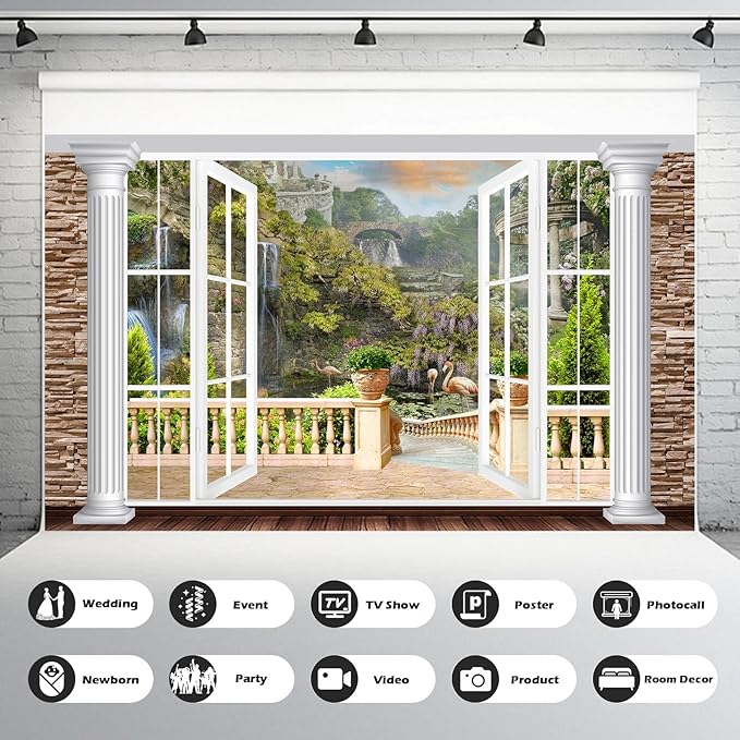 Window Scenery Backdrop White Windowsill Floral Garden Green Forest Natural Rock Stone Photography Background Garden Style Family Union Party Banner Wall Decor Photo Shoot Booth Props 12x8ft