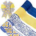 Boho Wired Edge Ribbon Blue Yellow Stripe Plaid Floral Leaves Fabric Craft Ribbon for Wedding Birthday Bridal Shower Wreath Bow Making, 4 Rolls, 24 Yards