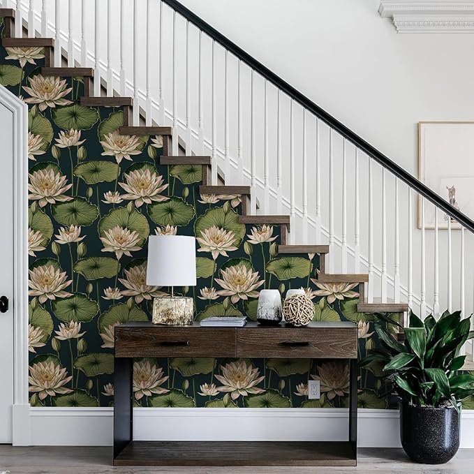 Orainege Vintage Floral Peel and Stick Wallpaper Floral Contact Paper 16.9"x393.7" Lotus Leaf Wallpaper Peel and Stick Self Adhesive Wall Paper for Bedroom Bathroom Covering Wall Decorative