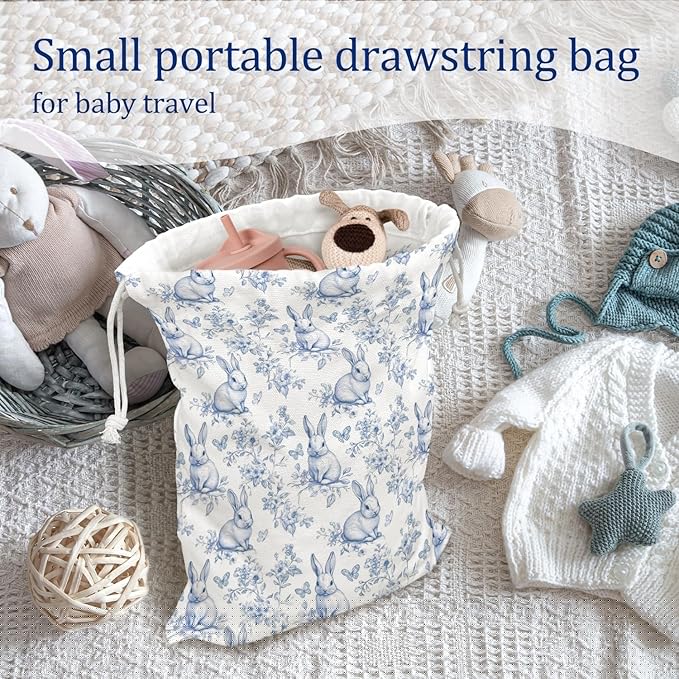DSHFG Light Blue Chinoiserie Birthday Drawstring Gift Wrap Bags, Chinoiserie Bunny Baby Shower Drawstring Gift Bags Canvas, Blue and White Small Happy Birthday Bag, Bunny Gifts, 10x13 Inch