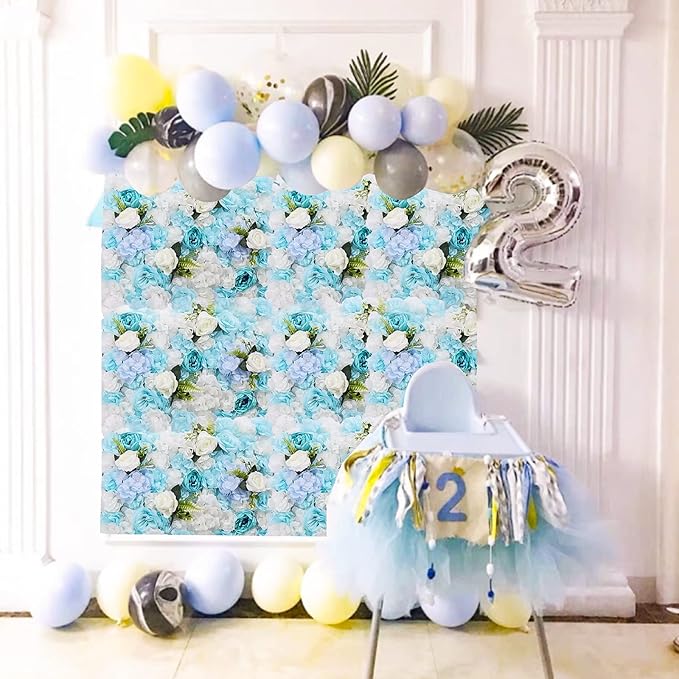 Flower Wall Panel Floral Backdrop,6Pack Faux Flower Panel,Blue and White Flower Wall Decor,Artificial Flower Backdrop Faux Flower Panel for Wedding