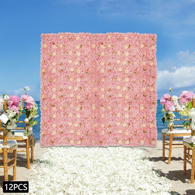 Eapmic 15"x 15" Artificial Flower Wall Panels,Flower Wall Mat Silk Flower Panels for Outdoor Garden Backyard Fence Fence Privacy Screen and Indoor Wall Decor(12Pcs Pink+Champagne)