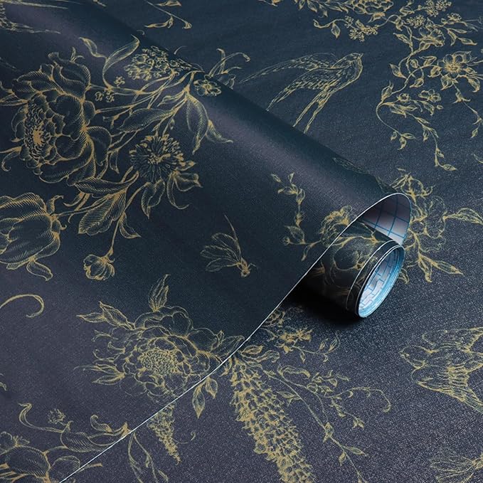 Floral Birds Wallpaper Peel and Stick Dark Blue Contact Paper 16.9”x 118.1” Vintage Floral Self Adhesive Removable Wallpaper Flower Birds Wall Paper for Bathroom Kitchen Decor Vinyl