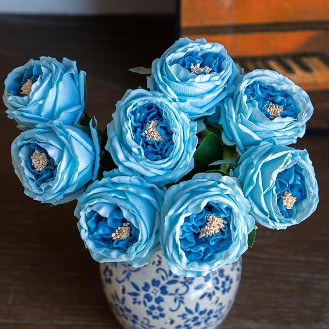 Fake Flowers for Decoration Home Decor Real Touch Artificial Flowers Austin Rose Peony Latex Fake Flower Living Room Decoration Vivid Pink Roses Peonies (Deep Blue 4pcs)