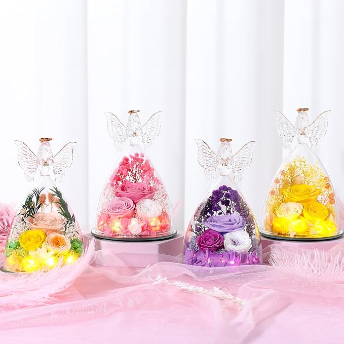 Christmas Rose Gifts for Women Preserved Real Flower in Glass Angel Figurines Roses for Delivery Prime Birthday Gifts for Mom Grandma Girlfriend Wife Her, Light Purple Austin Roses
