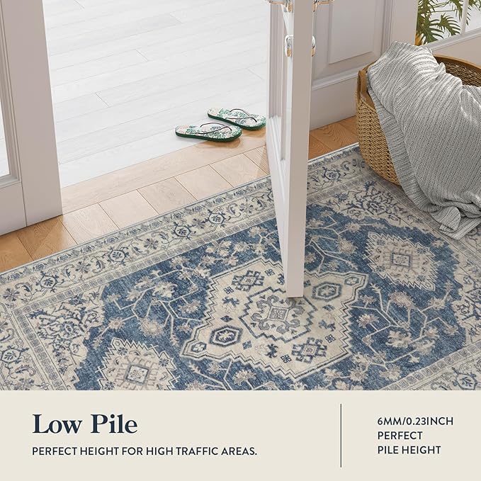 Lahome Oriental Kitchen Runner Rug Non Slip, 2x5 Washable Hallway Runner with Rubber Backing, Vintage Hallway Rug Ultra-Thin Soft Carpet for Bedroom Bathroom, Blue