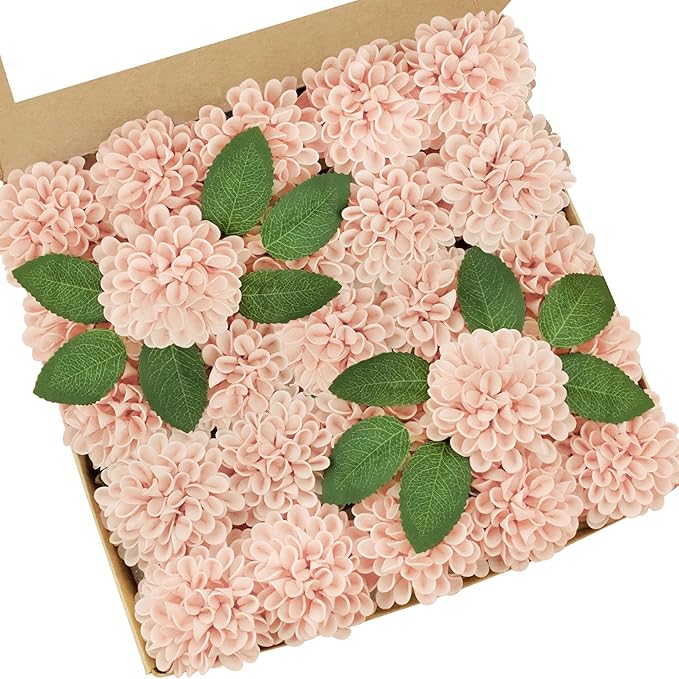 Artificial Flowers, 50pcs Realistic Artificial Rose for DIY Wedding Bouquets Centerpieces Arrangements, Peach Dahlia Flowers with Stem for Bridal Shower Party Home Decorations
