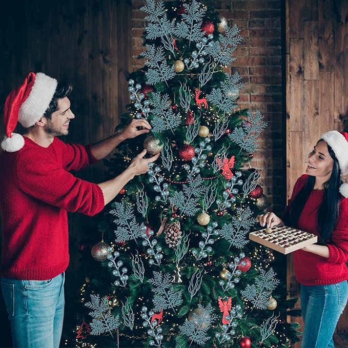 75 Pcs Christmas Glitter Branches 3 Styles Artificial Christmas Picks Berries Stems Pine Needles Floral Twig Spray for Xmas Tree Ornaments DIY Wreath Garland(Lake Blue)