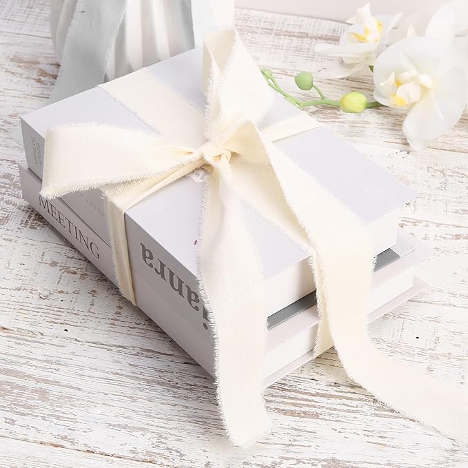 Ivory Ribbon 1-1/2 x 15 Yards Handmade Cotton Frayed Fringe Fabric Ribbons for Crafts Flower Bouquets Wedding Baby Shower Home DIY Decor