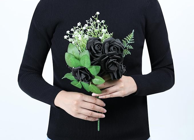 60Pcs Artificial Rose Flowers, Real Looking Fake Roses for Decorations, Foam Rose Bulk with Stems for DIY Wedding Bouquets Floral Arrangements Bridal Shower Party Home Decor (60, Black)