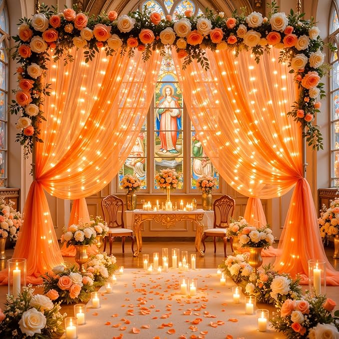 10ft x 8ft Orange Tulle Photo Backdrop Curtain with Lights String for Halloween Party Orange Sheer Curtain Backdrop Drapes for Birthday Party Wedding Photo Booth Background Home Room Decorations