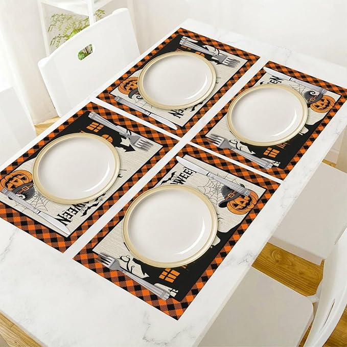 Halloween Placemats Cartoon Retro Funny Horror Castle Spider Web Magic Witch Pumpkin Bat Pumpkin Placemats Table Kitchen Dining Party 12x18 Inch Set of 6