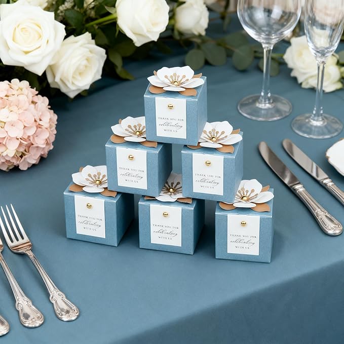 FEIYI 20 PCS Candy Boxes, 3 In 1 Dusty Blue Favor Boxes with Floral Decor, White Thank You Tags Gift wrapping for Wedding Birthday Baby Shower Decorations Party -2.55x2.55x2.55''