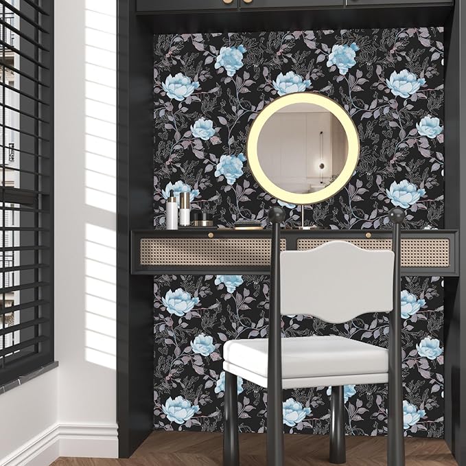 Black Blue Floral Peel and Stick Wallpaper Flowers Contact Paper 17.5"x118" Self Adhesive Waterproof Vintage Dark Floral Wall Paper for Shelf Liner Cabinet Decor