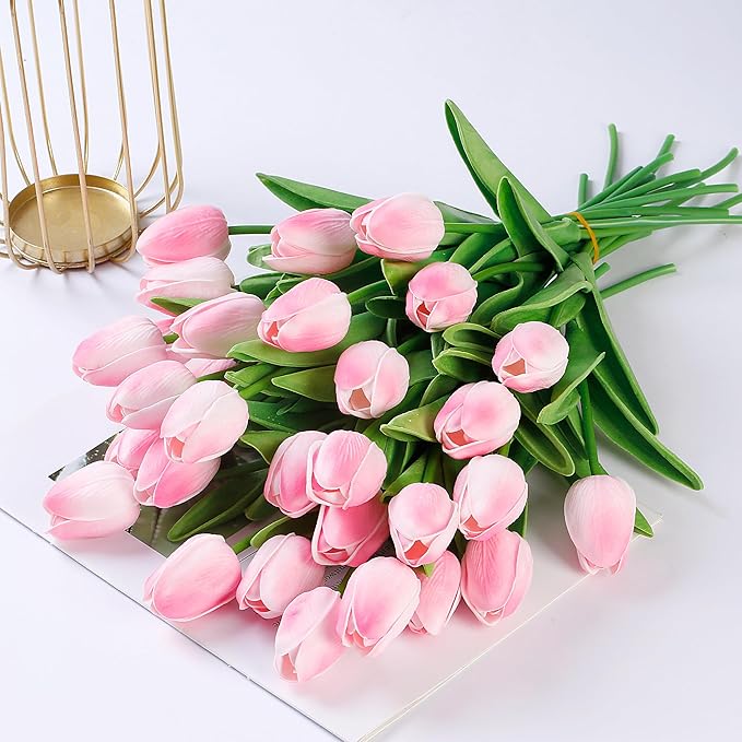 Sggvecsy 15 Pcs Fake Tulips Artificial Flowers Real Touch PU Faux Flowers Tulip Stems for Wedding Spring Bouquet Floral Arrangement Home Party Office Decorations for Mother's Day (Light Pink)